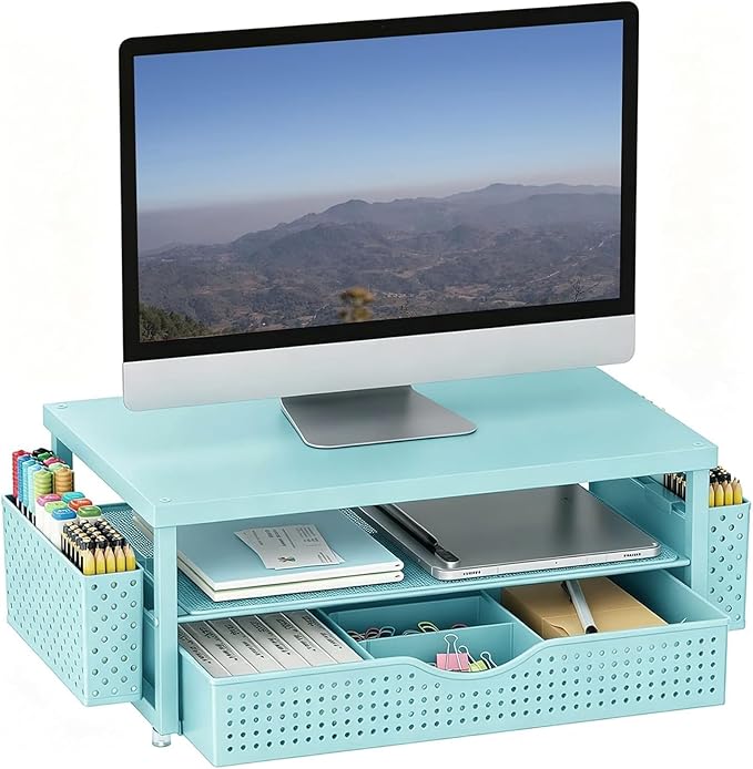 gianotter Desk Organizers and Accessories, Monitor Stand with Drawer and 2 Pen Holder, Desktop Organizer Suitable for Offices and Dormitories (Blue-Plain) by gianotter