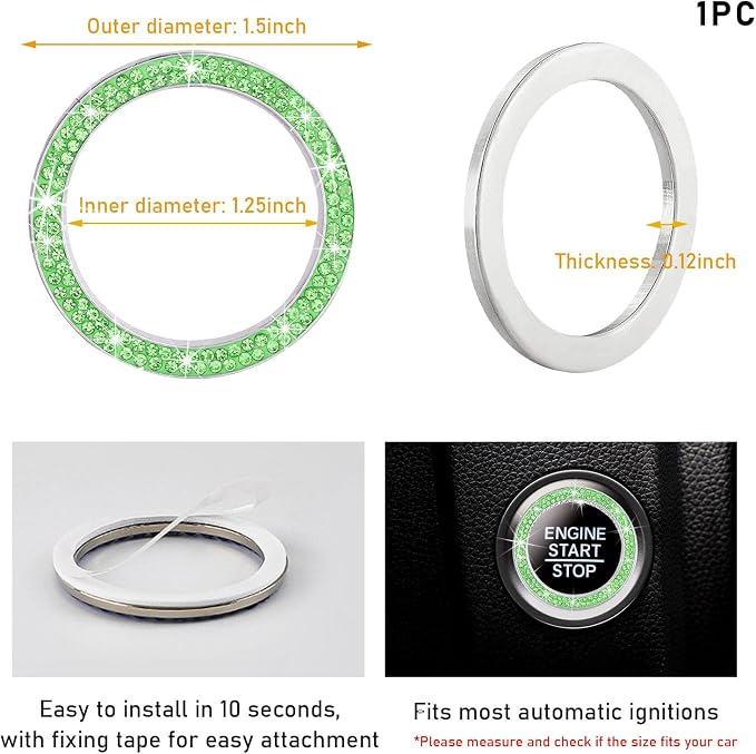 Kewucn Bling Crystal Double Rhinestone Car Engine Start Decoration Ring, Sparkling Push Start Button Sticker, Key Ignition & Knob Ring Decoration, Bling Car Interior Accessory (Light Green) - Image 2