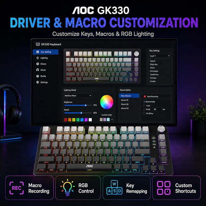 AOC GK330 75% Wireless Mechanical Gaming Keyboard, Hot-Swappable 3-Mode RGB | BT/2.4GHz/USB-C Connectivity, Pre-Lubed Reaper Switches, Anti-Ghosting, Gasket Mount and 5-Layer Sound-Dampening Padding - Image 8