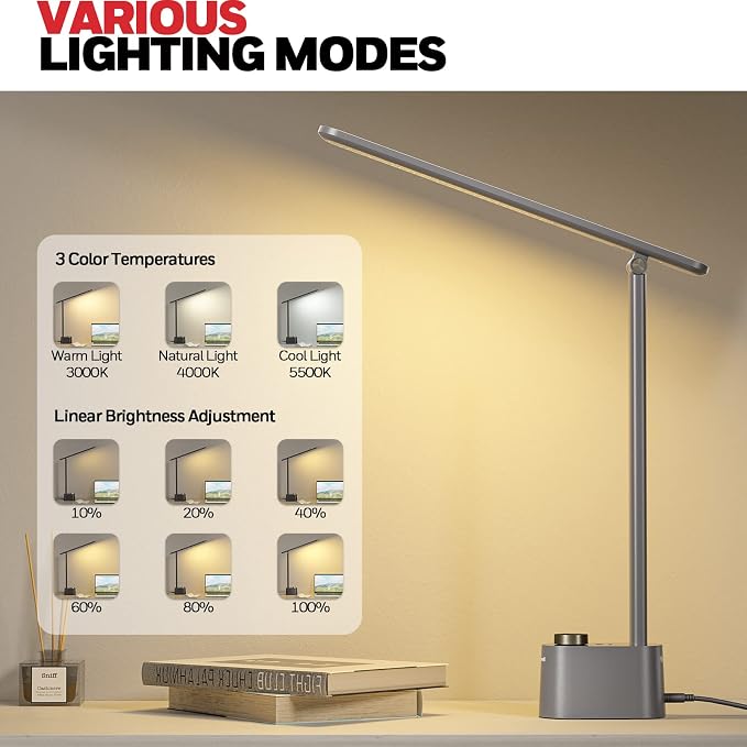Honeywell HWT-H01 LED Desk Lamp Stepless Dimmable Table Lamp with USB A+C Dual Charging Port Eye-Caring Foldable Desk Light with 3 Color Modes for Home Office Bedroom Reading Study Sunturalux (Gray) | Sunturalux Eye Protection Light with Charging Ports... - Image 3