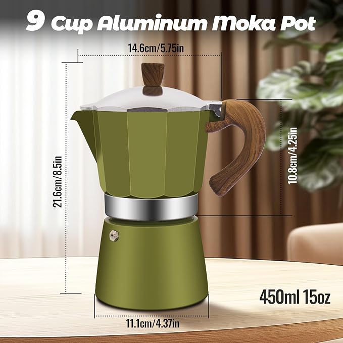 9 Cup Aluminum Moka Pot Classic Stovetop Espresso Coffee Maker 450ml 15oz Coffeemaker Percolator Mocha Pot Greca Coffee Maker Cafe Makers for Italian and Cuban Café Brewing Green - Image 2