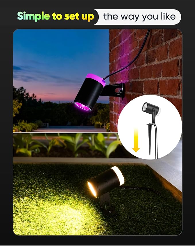 GZBtech Outdoor Smart Landscape Lights 4-Pack, Plug-in RGBIC+CCT Color Changing LED Spotlights, IP65 Waterproof, App Control Work with Alexa, Dimmable Aluminum LED Pathway Lights for Garden Yard Decor - Image 6