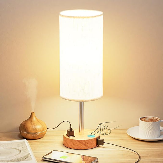 Fenmzee Bedside Table Lamp for Bedroom - Dimmable Touch, USB A+C, AC Outlet | 3-Way Dimmable, LED Bulb Included, Fabric Lampshade, Wood-Grain Metal Base, 14" Small Nightstand Lamp for Desk, Living Room by Fenmzeelighting