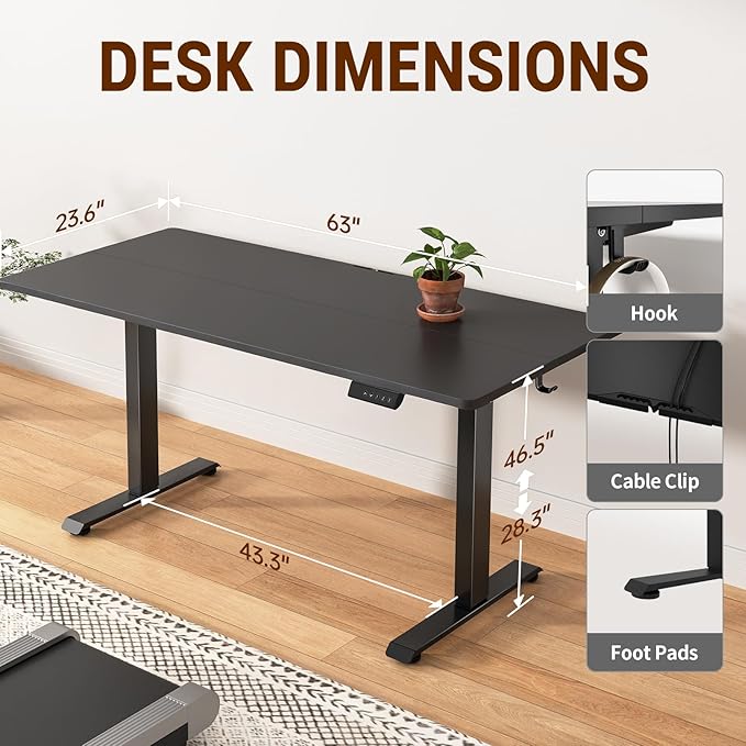 Veken Standing Desk, 63×23.6 Inch Electric Gaming Table, Black | Height Adjustable Sit Stand Up Computer Tables for Home Office, Study , Writing, Suit students, employees and group work - Image 2