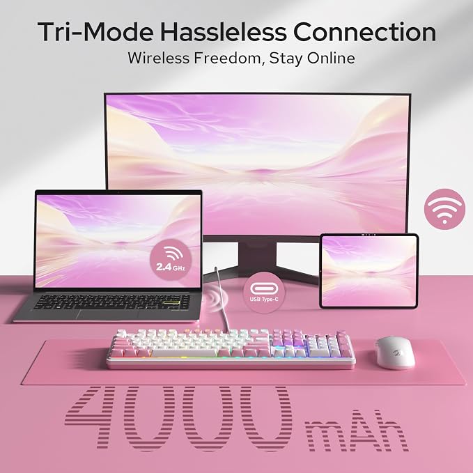 Redragon K762 PRO Wireless 104-Key Gasket Gaming Keyboard, Screen & Knob | Easy-Control LED Info Display, 0-Delay Tri-Mode, Cushioned 5-Layer Noise Dampening for Creamy Thocky Sound, Full-Size 104-Key - Image 3