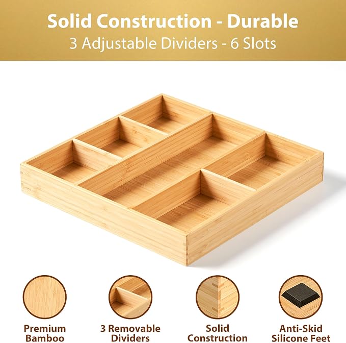 Umilife Bamboo Desk Drawer Organizer, Wood Office Junk Tray, 12"x12" | 1.8" Tall for Shallow Drawer - Adjustable dividers - Anti Slip Silicone Pads - Versatile Storage Box in Kitchen, Pantry - Image 5