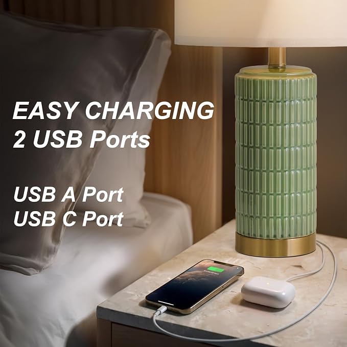 PoKat Bedside Table Lamps Set of 2 for Living Room with 2 USB Ports, 21.5'' Small Modern Nightstand Lamps for Bedroom, Ceramic Side Table Lamps with Gold Base for Office Entryway Decor Gift (Green) - Image 3