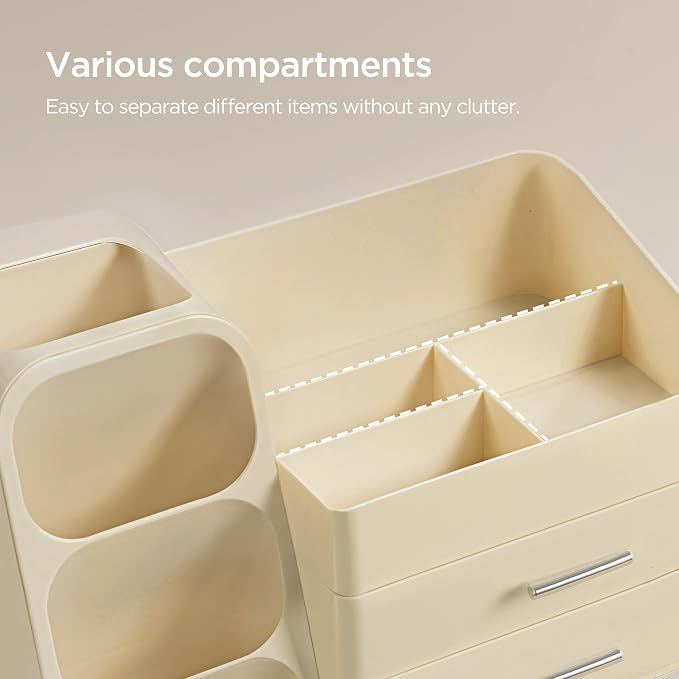 HBlife Makeup Organizer with Brush Holder for Vanity, Large Plastic Bathroom Countertop Organizer Skin Care Storage, Easy to Store Lipsticks, Nail Polishes, Perfumes, Eyeshadow Palettes, All Beige - Image 3