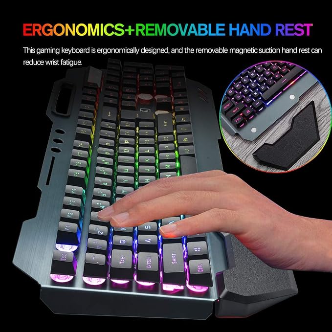 Wireless Gaming Keyboard and Mouse,RGB Backlit Rechargeable Keyboard Mouse with 5000mAh Battery Metal Panel,Removable Hand Rest Mechanical Feel Keyboard and 7 Color Gaming Mute Mouse for PC Gamer - Image 6