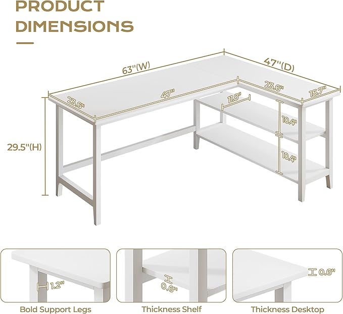 IOTXY Reversible L-Shaped Office Desk - 63" Extra Large Corner Computer Table with Storage Shelves, Solid Wood Legs, Home Writing & Study Workstation, White - Image 2