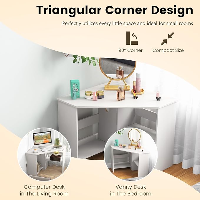 GOFLAME Corner Desk with Storage Shelves, Triangular Computer Desk with Cable Management Holes, Laptop Workstation for Small Space, Makeup Vanity Desk for Living Room, Study, White - Image 9
