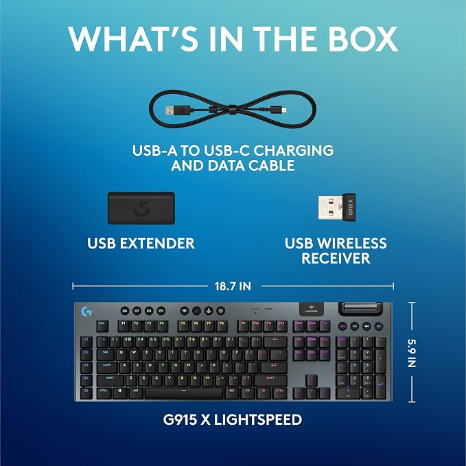 Logitech G915 X Lightspeed Wireless Gaming Keyboard (Clicky) - Black | Low Profile, Mechanical Switches, Double-Shot PBT Keycaps, RGB lighting, Aluminum finish, PC/Mac Compatible - Image 9
