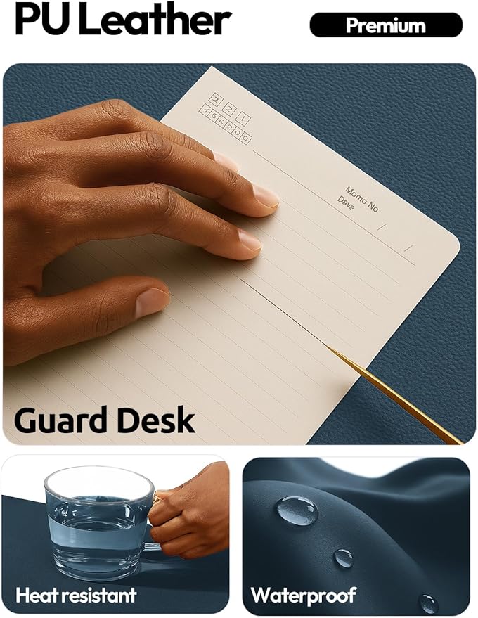 YSAGi Leather Desk Protector, Office Mat, Large Mouse Mat, Non-Slip PU Leather Blotter, Laptop Desk Mat, Waterproof Writing Pad for Office and Home(Dark Blue, 42" x 17.2") - Image 3