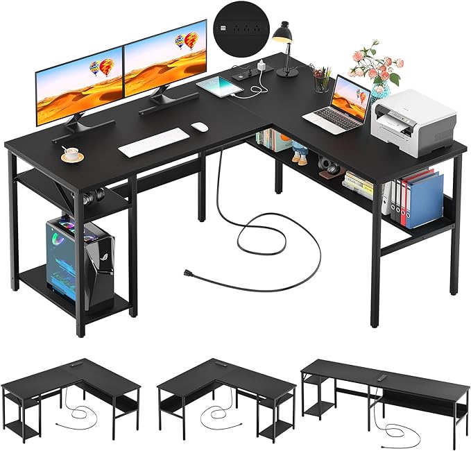 Unikito Reversible L Shaped Desk with Magic Power Outlets and USB Charging Ports, Sturdy Corner Computer Desk with Storage Shelves, Gaming Table Home Office Desk, Easy to Assemble, Black by Unikito