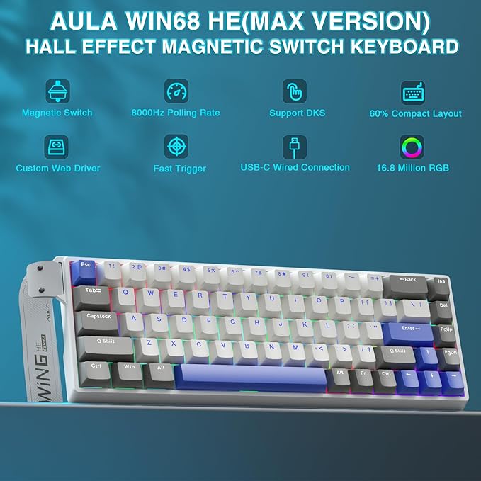 AULA WIN68 HE MAX - Hall Effect Gaming Keyboard with Magnetic Switch, Adjustable Actuation Fast Trigger Mode, 8KHz Polling Rate, RGB Backlit Wired Mechanical Gaming Keyboard 60 Percent Compact Design - Image 2