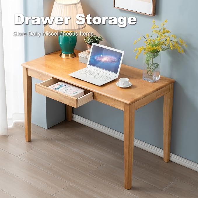 Solid Wood Desk with Drawer, Wooden Home Office Desk for Work, Student Computer Desk for Small Spaces, Gaming Study PC Desk for Bedroom, Easy to Assemble (Teak Color 47 inch) - Image 5