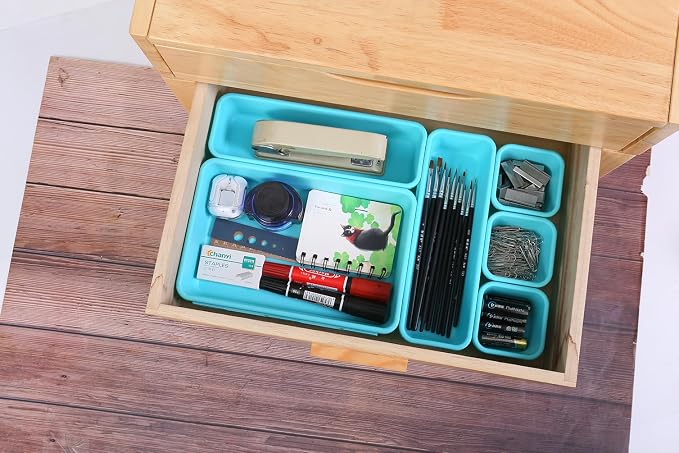 Kutesna 15PCS Interlocking Drawer Organizer, Plastic Desk Organizer Set | 3-Size Versatile Storage Bins,BPA-free,Non-slip, Fits Any Drawer for Cosmetics,Bathroom, Tools,Kitchen and Office（Blue&Green） - Image 3