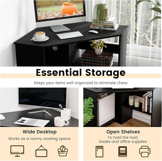 GOFLAME Corner Desk with Storage Shelves, Triangular Computer Desk with Cable Management Holes, Laptop Workstation for Small Space, Makeup Vanity Desk for Living Room, Study, Black - Image 5