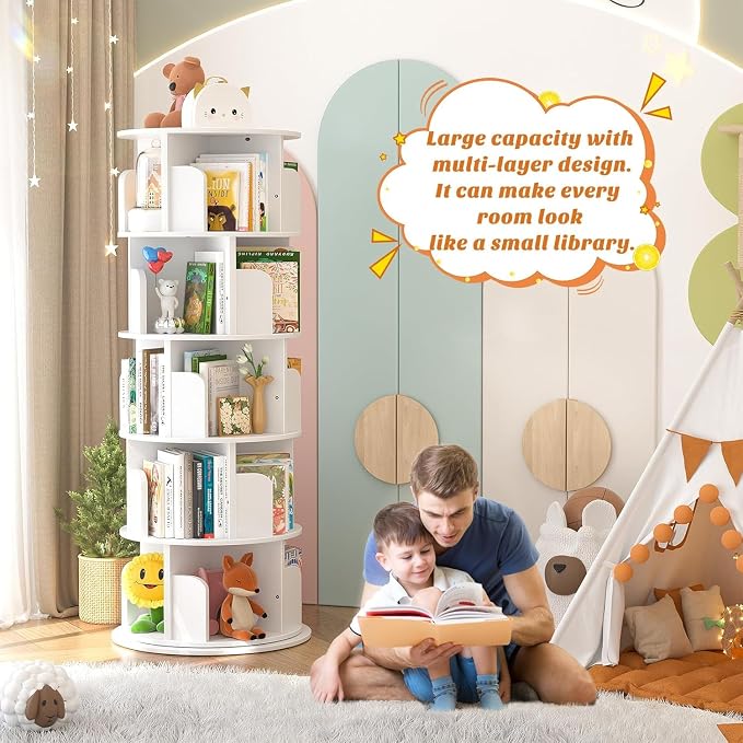 Aheaplus Rotating Bookshelf, 360 Display Wood Spinning Bookshelf Tower, 5 Tier Floor Standing Bookcase Storage Rack, Revolving Bookcase Corner Bookshelfs for Small Space, Bedroom, Study Room, White - Image 4