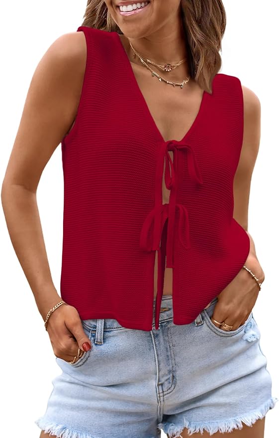 LILLUSORY Womens Tie Front Tops Vacation Sweater Vest | Bohemian Style, Beach Resort Wear, Concert Western Outfits, Crochet Tops, Vacation Outfits, Cute Y2k Sleeveless 2026 by Lillusory