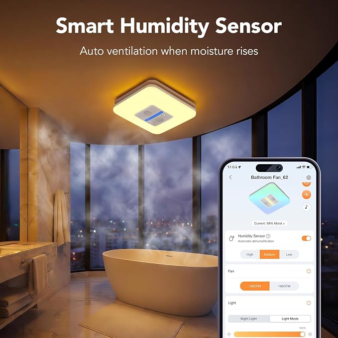 OREiN Matter Smart Bathroom Fan with Light – Humidity Sensor, 130–160 CFM Ventilation, Ultra-Quiet 1.0 Sone, Tunable White & Custom RGB, Dual Bluetooth Speakers, Compatible with Alexa & Google Home - Image 2