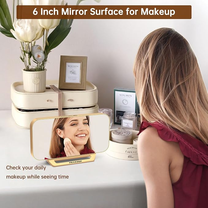 Peakeep Slim Digital Mirror Aesthetic Alarm Clock for Bedrooms Desk Decor | Plug in Electric Big LED Modern Small Clock for Office Living Room, Battery Backup, 6 Dimmers (Gold) - Image 3