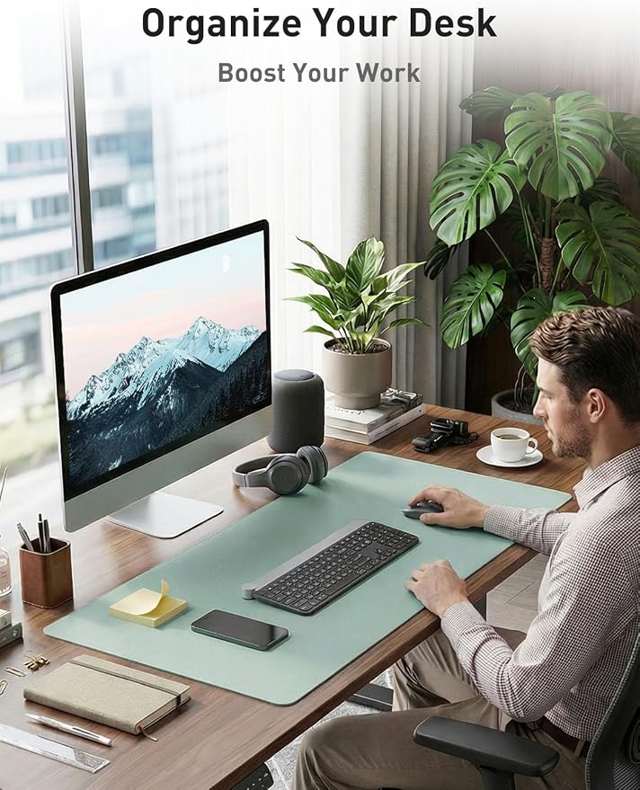 Aothia Faux Leather Desk Mat - Non-Slip PU Leather Desk Blotter, Waterproof Writing Surface, Large Desk Pad for Office & Home (Light Blue, 55" x 17") - Image 3