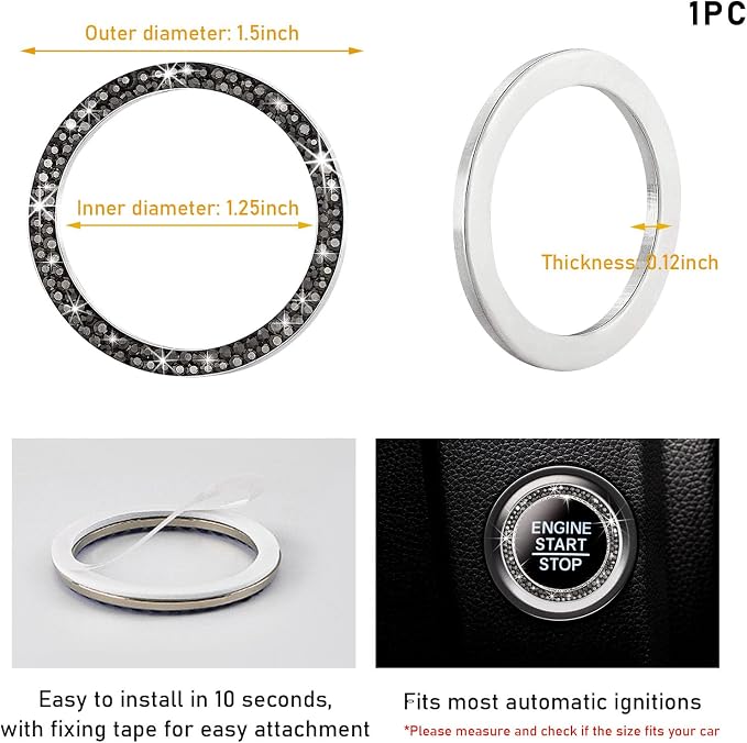 Kewucn Bling Crystal Double Rhinestone Car Engine Start Decoration Ring, Sparkling Push Start Button Sticker, Key Ignition & Knob Ring Decoration, Bling Car Interior Accessory (Bright Black) - Image 2