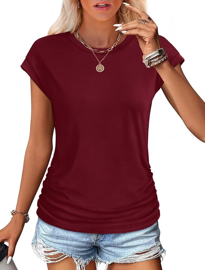 Sampeel Womens Summer Tops Trendy 2026 Ruched Cap Short Sleeve Tshirts Shirts Crew Neck T Shirts Fashion - Image 2