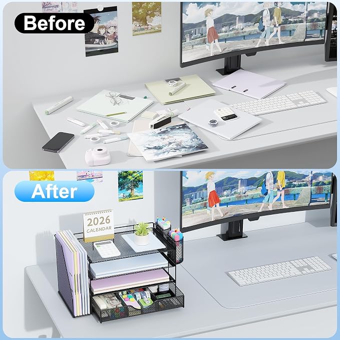 gianotter Desk Organizers and Accessories with File Holder, 4-Tier Desk Accessories & Workspace Organizers with Drawer and 2 Pen Holder, Paper Organizer for Office Supplies (Black) - Image 2