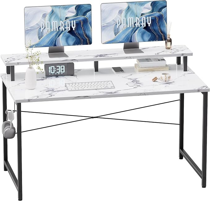 Pamray 47 Inch Small Computer Desk with Monitor Stand, Simple Office Desk with Headphone Hook for Small Spaces, Kids Study Writing Table for Bedroom, Marble by PAMRAY