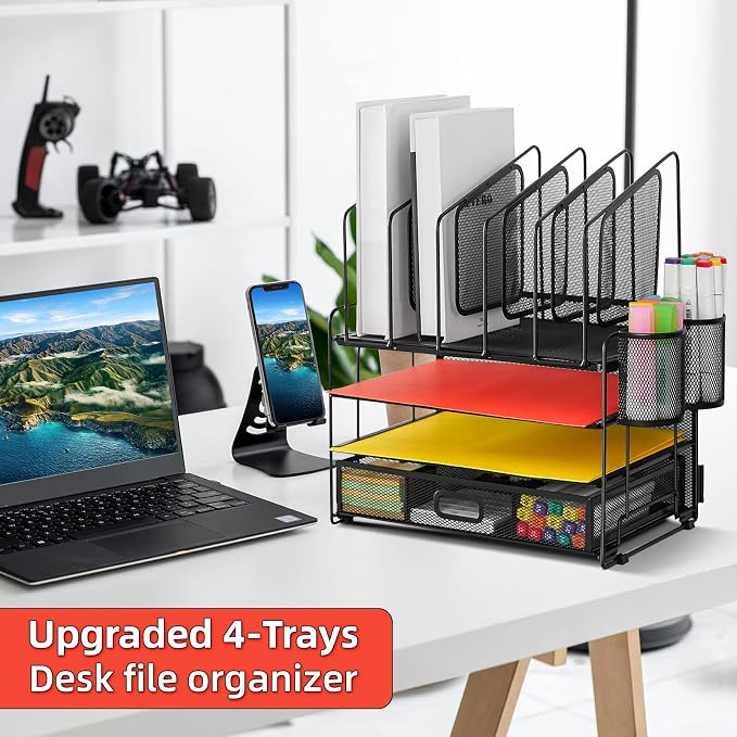 Marbrasse Desk organizer with Drawer, 4-Tier Mesh File Organizer with 5 Vertical File Holders and 2 Pen Holders, Multifunction Desktop Organizer,Desk Organizers and Accessories for Home Office - Image 3