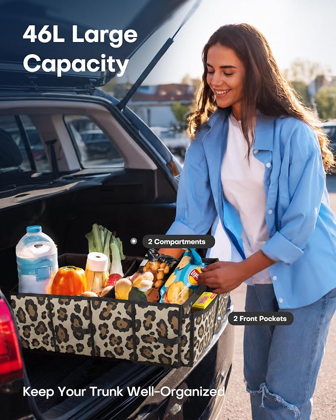 HOTOR Trunk Organizer - Car Organizer, Foldable Trunk organizer for SUVs & Sedans, Sturdy Car Organization for Car Accessories, Tools, Sundries, Leopard, 2 Compartments, 21.3"×12.6"×10.6" - Image 3
