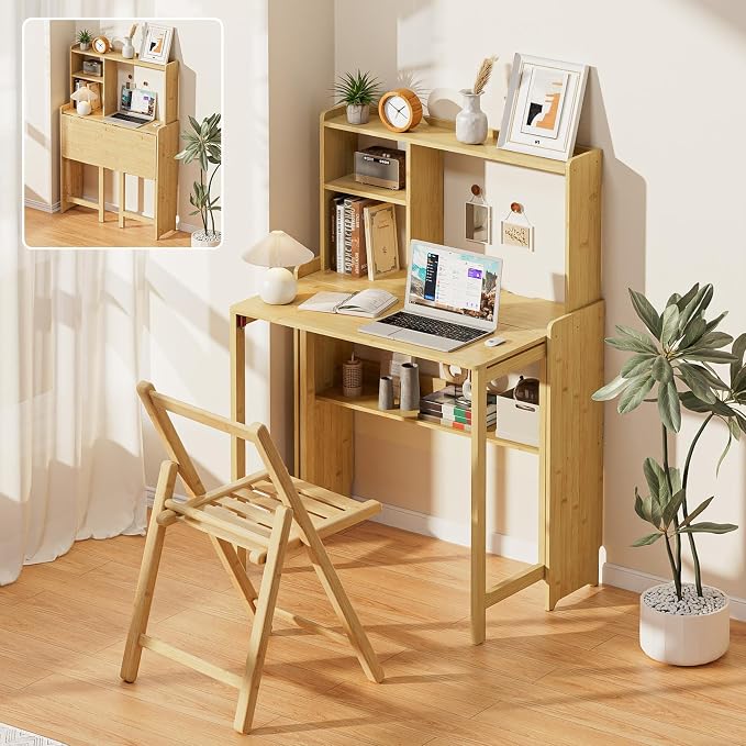 Folding Desk with Bookshelf, Compact Foldable Desk for Small Spaces,Natural | Bamboo Computer Desk with Storage Shelf, Space-Saving Home Office Desk with Hutch for Bedroom, Dorm, Apartment by Usofhaus