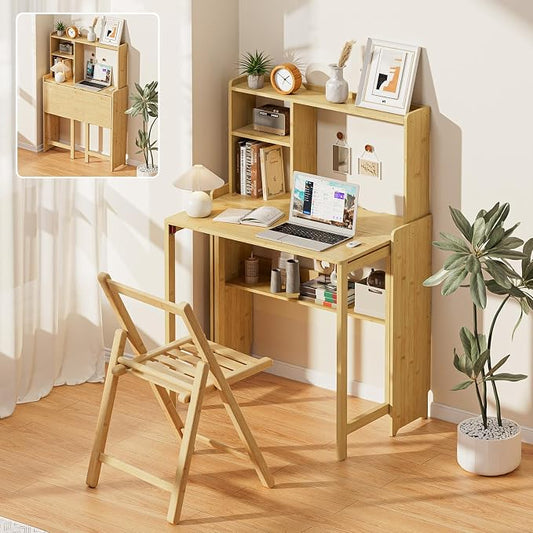Folding Desk with Bookshelf, Compact Foldable Desk for Small Spaces,Natural | Bamboo Computer Desk with Storage Shelf, Space-Saving Home Office Desk with Hutch for Bedroom, Dorm, Apartment by Usofhaus