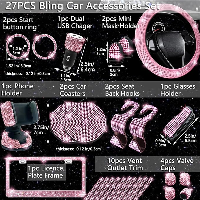 NBTEPEM 27-Piece Bling Car Accessories Set - Universal Fit Steering Wheel Covers, License Plate Frames, Phone Holder, Car Fast Charger, Coasters (Pink) - Image 2