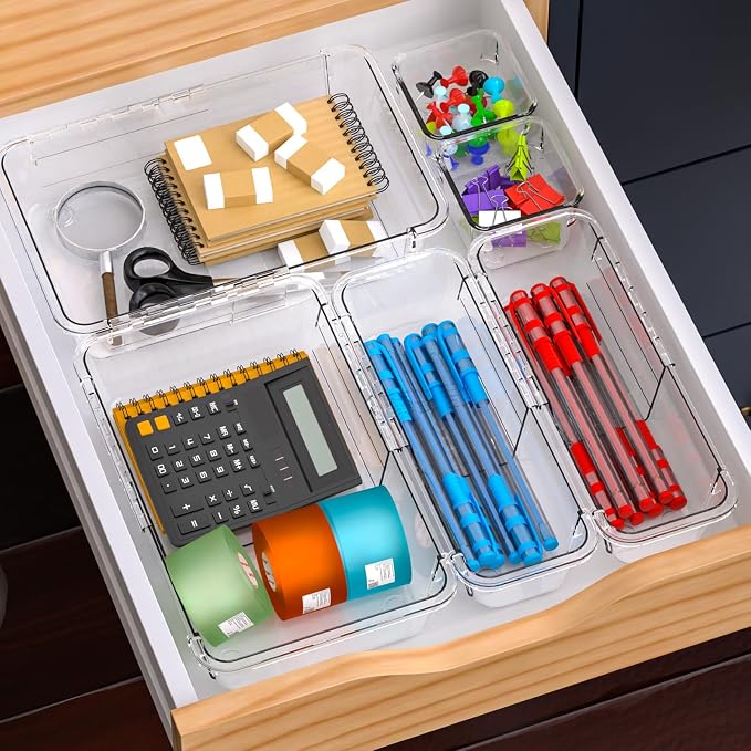 14 Pcs Clear Drawer Organizer, Adjustable Drawer Storage Box, 3-Size Desk Drawer Organizer, Acrylic Storage Bins for Makeup, Cosmetic, Kitchen Utensils, Bedroom Dressers Tool Organizer for Gadgets - Image 5