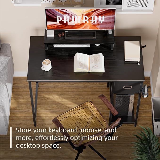 Pamray 39 Inch Small Computer Desk with Monitor Stand and Drawer for Gaming | Small Gaming Desk, for Bedroom Small Spaces, Home Office, Dorm and Apartment, for Writing, Study and Working - Image 3