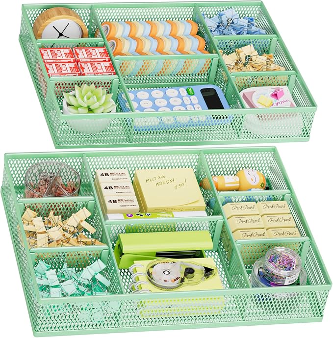 Marbrasse 2 Pack Desk Drawer Organizer, Mesh Drawer Organizer Tray with 8 Adjustable Compartments, Desk Organizers and Accessories, 5 Dividers Drawer for Office Supplies, Makeup & Vanity (Green) by Marbrasse