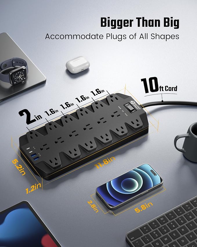 Power Strips with Surge Protection 10 FT, SUPERDANNY 18 AC Outlets and 4 USB Ports, Flat Plug Heavy Duty Extension Cord, 1875W/15A, 2100 Joules for Home, Office, Dorm, Black - Image 3