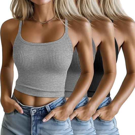 Ficerd 3 Pack Women's Tank Tops 95% Cotton Spaghetti Strap Ribbed Crop Camisole Slim Fitted Basic Summer Sleeveless Layer by Ficerd
