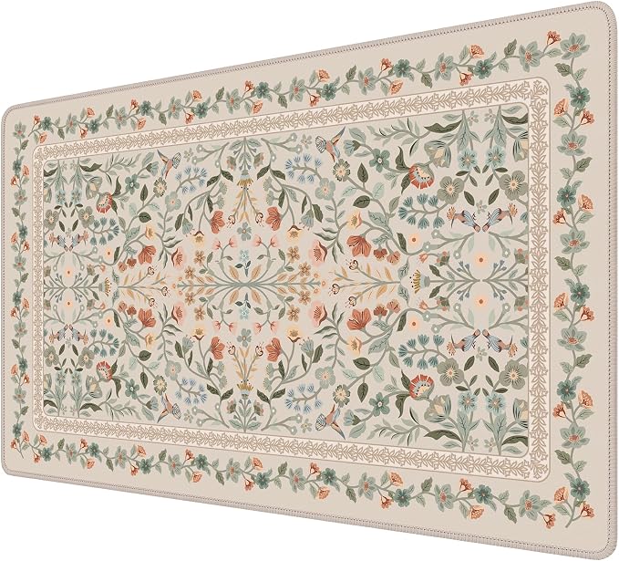 iCasso Aesthetic Flower Mouse Pad for Laptop, 23.6x13.7in Desk Pad, Beige | Desk Matt for Desktop,Anti-Slip Mousepad with Stitched Edges for Laptop Computer Keyboard by iCasso