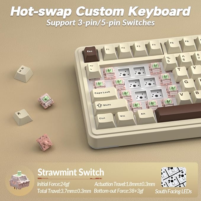 AULA S75 PRO Wireless Mechanical Keyboard with Screen&Knob, 75% Hot Swappable Gaming Keyboard with Pre-lubed Switches, RGB Backlit, PBT Keycaps, Creamy Sounding Computer Keyboards - Image 5