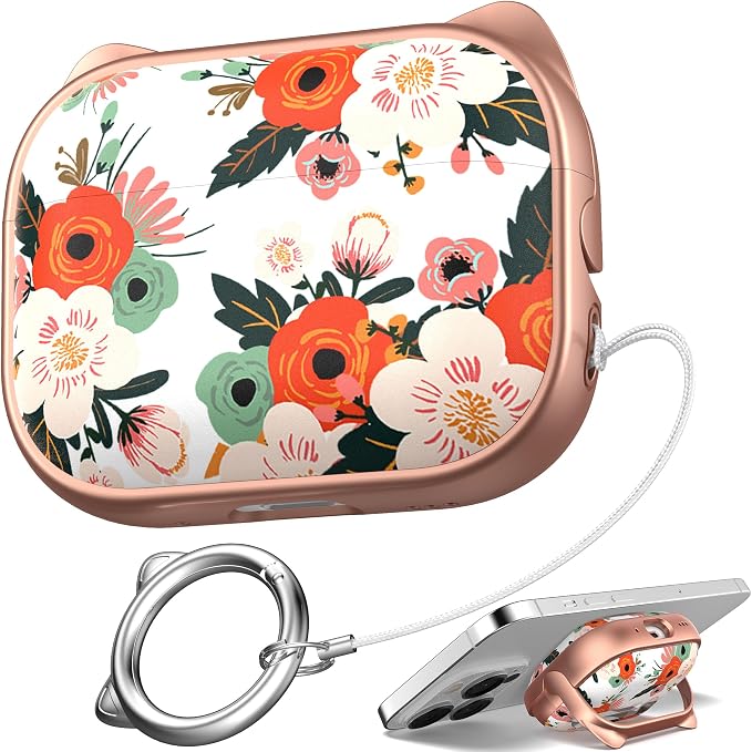 for AirPods Pro 2 Case with Cleaning Kit, Cute Cat Ear Print Design & Cute Buckle for Girls, Phone Holder & Top Safe Lock Buckle Design for AirPods Pro 2nd/1st Gen case, Rose Gold Flower by MHYALUDO