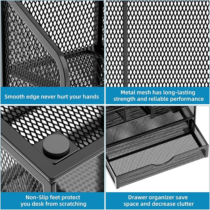 Marbrasse Mesh Pen Holder for Desk, Multi-Functional Pencil Organizer with Drawer, Desk Organizers and Accessories for Office Art Supplies (Black) - Image 6