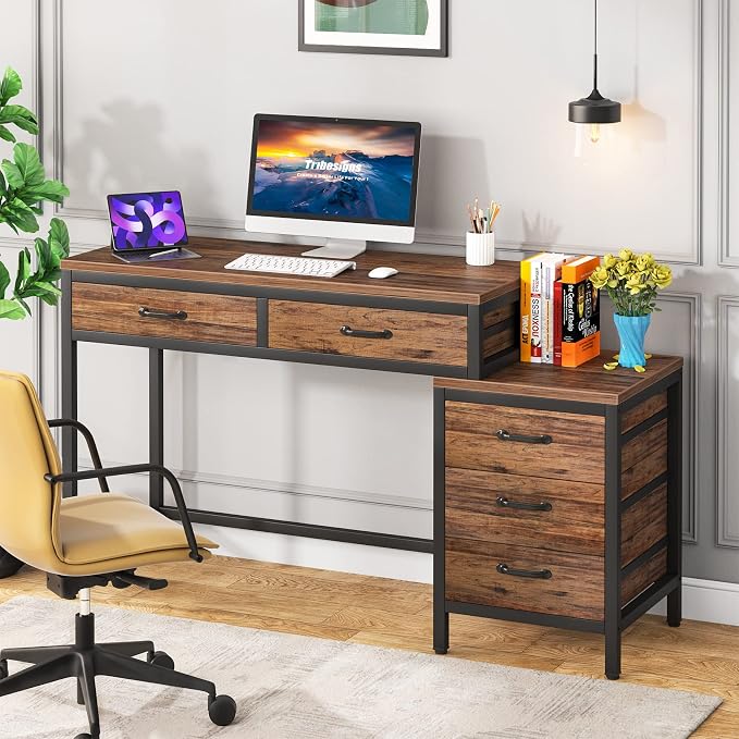 Tribesigns Computer Desk with 5 Drawers, Reversible Home Office Desks | Small Desk with Drawer Cabinet Printer Stand, PC Desk with Storage, Rustic Study Writing Table Workstation for Small Spaces - Image 7