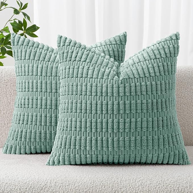 MIULEE Pack of 2 Corduroy Decorative Throw Pillow Covers 20x20 Inch Soft Boho Striped Pillow Covers Modern Farmhouse Home Decor for Summer Sofa Living Room Couch Bed Teal Green by MIULEE