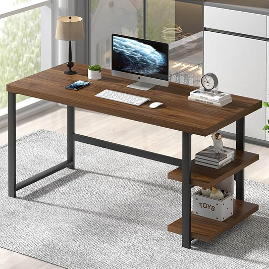 FOLUBAN Modern Computer Desk, Wood Home Office Desk, Study Writing Gaming Table Workstation with Storage Shelves for Living Room Bedroom, Rustic Walnut, 53 Inch by FOLUBAN