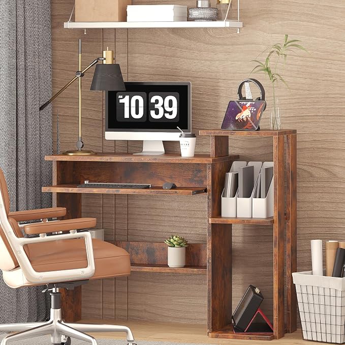 ALISENED Computer Desk with Storage Shelves, Home Office Desk with Monitor Stand, Small Writing Desk Table with Keyboard Tray,Study Table with CPU Stand for Small Spaces (35"-Rusitc Brown) - Image 2