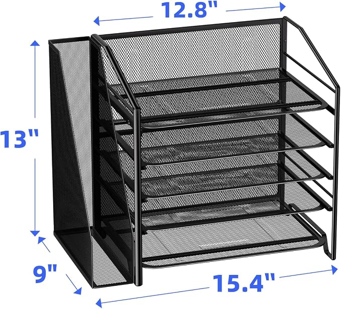 Simple Trending 5-Tier Desk File Organizer, Paper Organizer, Black | Adjustable Letter Trays, Side File Shelf，Durable Steel Mesh, Space Saving, for Home Office, 15.4"L x 9"W x 13"H - Image 7